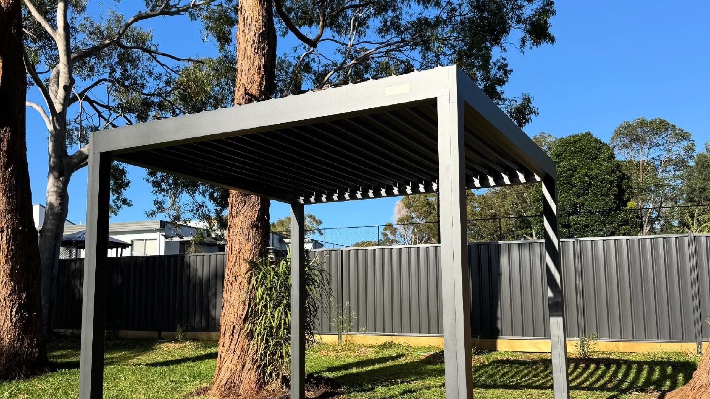 A freestanding pergola with a louvred roof set on a lawn between gum trees