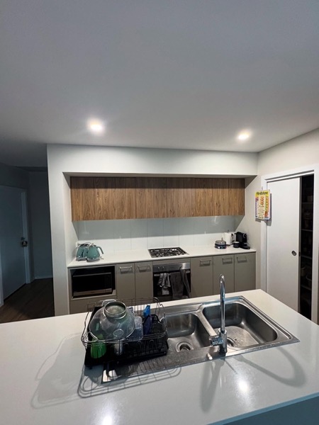 A renovated kitchen with timber overhead cabinets